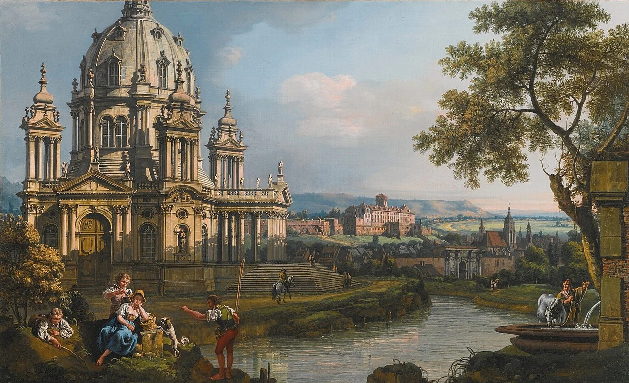 Capriccio con chiesa in un paesaggio fluviale